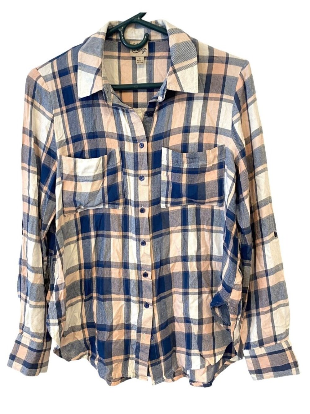 COMO Vintage Womens S Blue Pink Plaid Button Front Shirt Boho Casual